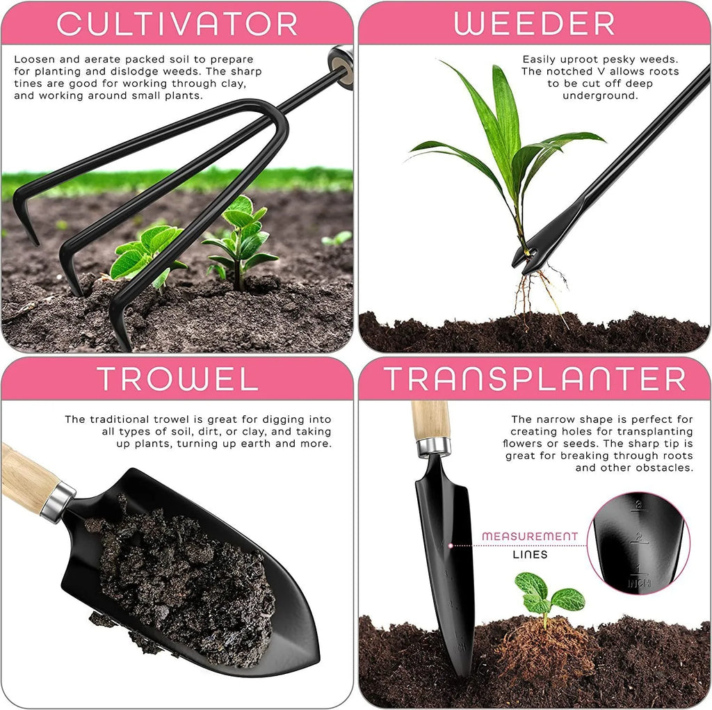 Eight-piece stainless steel gardening tool set with spade, fork, trowel, hand rake, and weeder