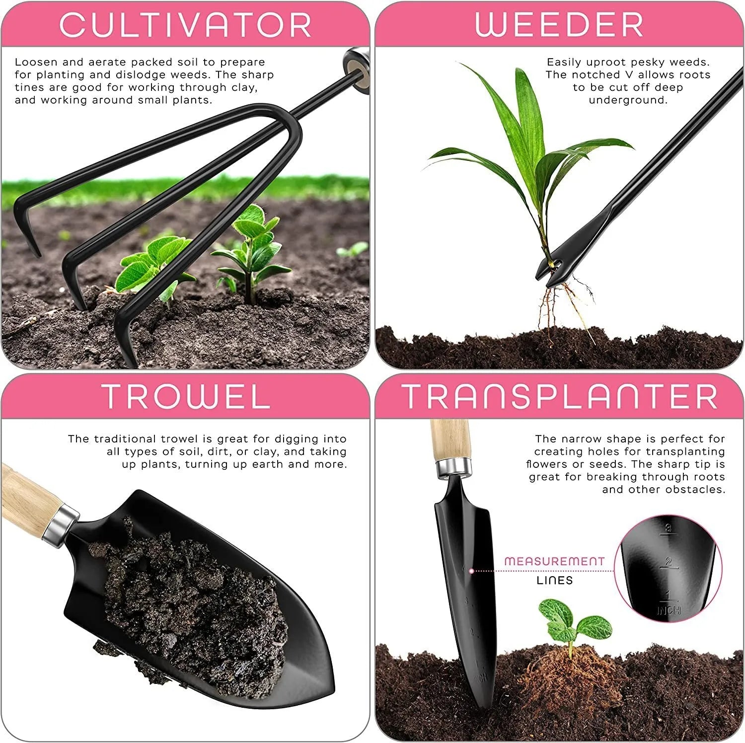 Eight-piece stainless steel gardening tool set with spade, fork, trowel, hand rake, and weeder