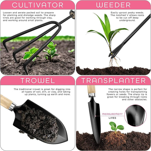 Eight-piece stainless steel gardening tool set with spade, fork, trowel, hand rake, and weeder