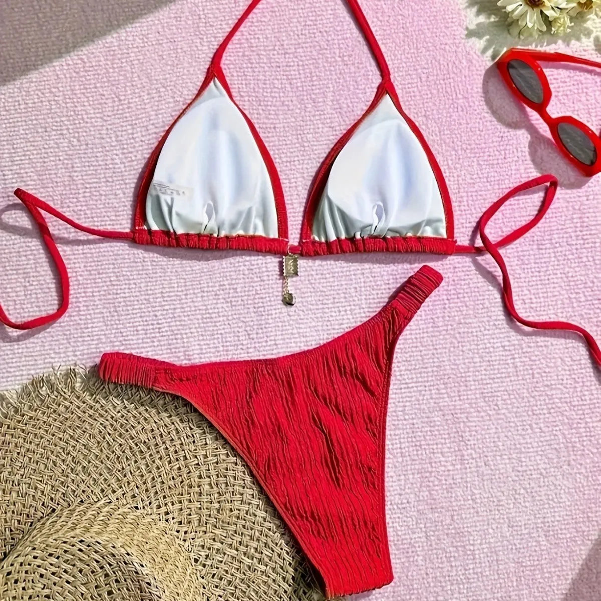 Red high waist pleated bikini set with tied split top and briefs, polyester nylon, sizes S to XL