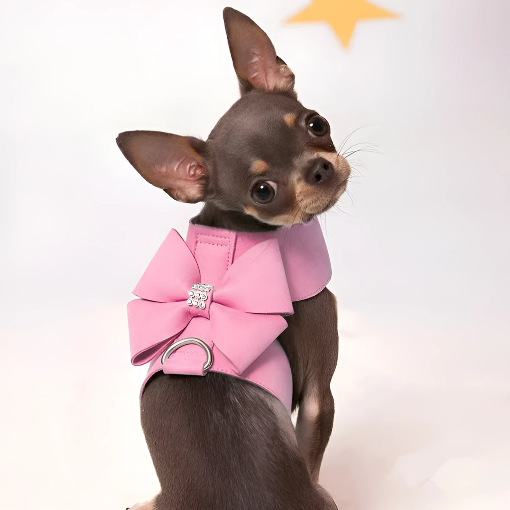 Pink microfiber dog harness with a large bowknot on the chest, shown alongside blue and orange colour options.