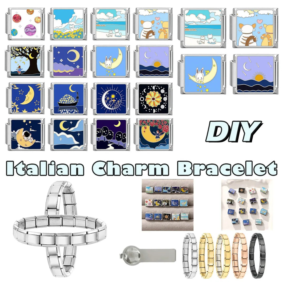Stainless steel square link charm 1x0.9cm with Totem pattern, dripping oil finish and moon or planet colour option