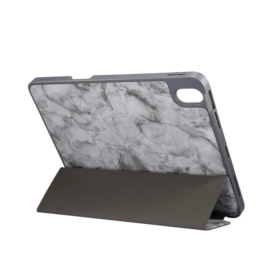 Dark gray tri-fold marbling iPad leather case with a visible pen slot, shown in stand position.
