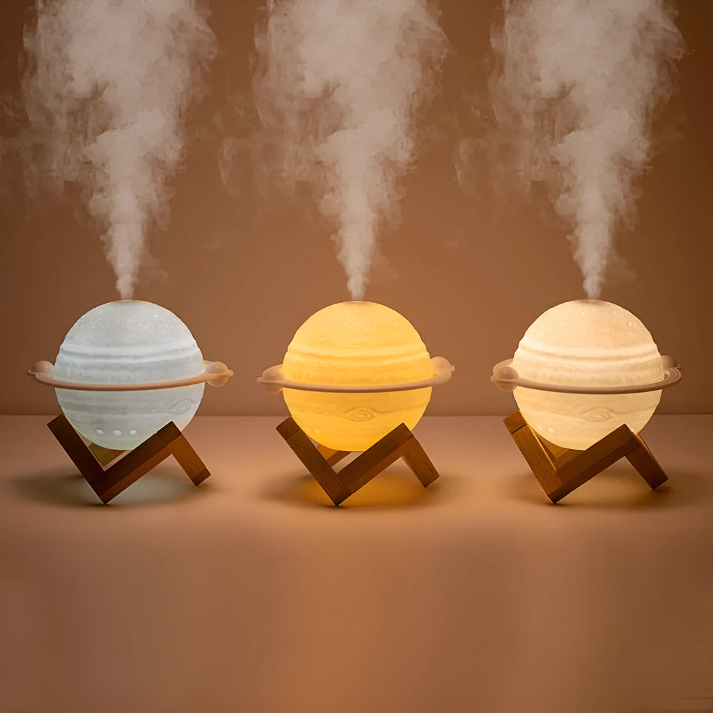 Planet humidifier 200mL USB mute 2.5W 154 x 137 x 105mm with cotton stick and wooden frame in Dark Wood or Wood