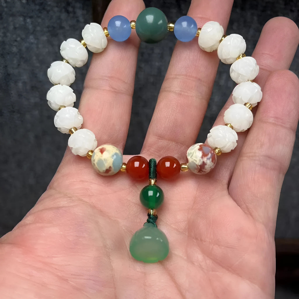Hand-carved pumpkin lotus beads bracelet in white jade and bodhi root with multiple bead sizes