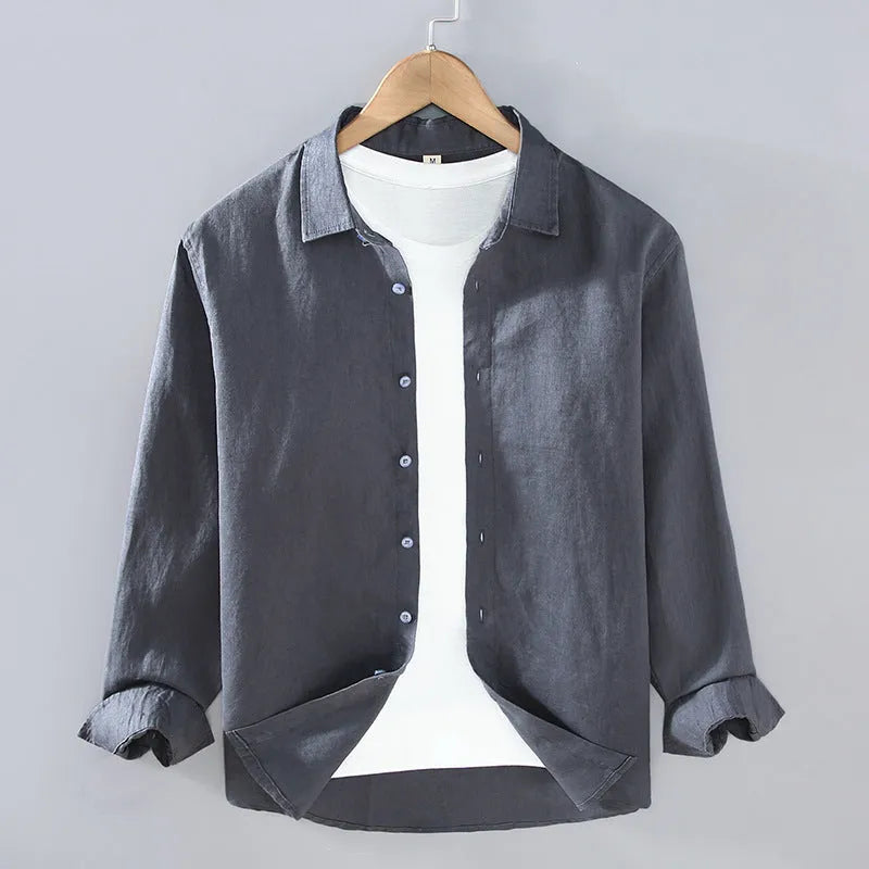 Men's linen shirt in simple cardigan style with long sleeves, solid colour design