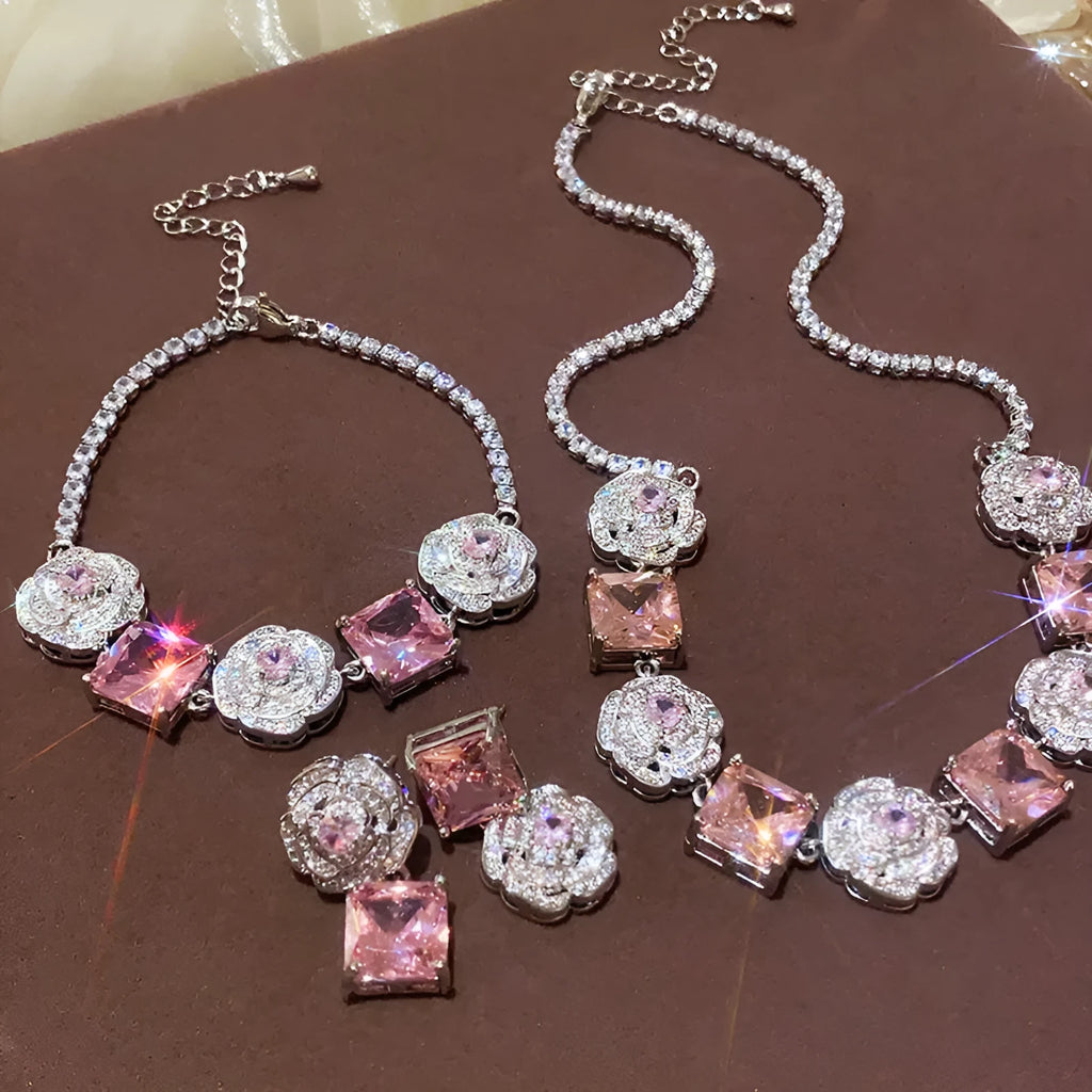 French flower square zircon necklace in silver pink with inlaid zircon pendant on 41-50cm clavicle chain.