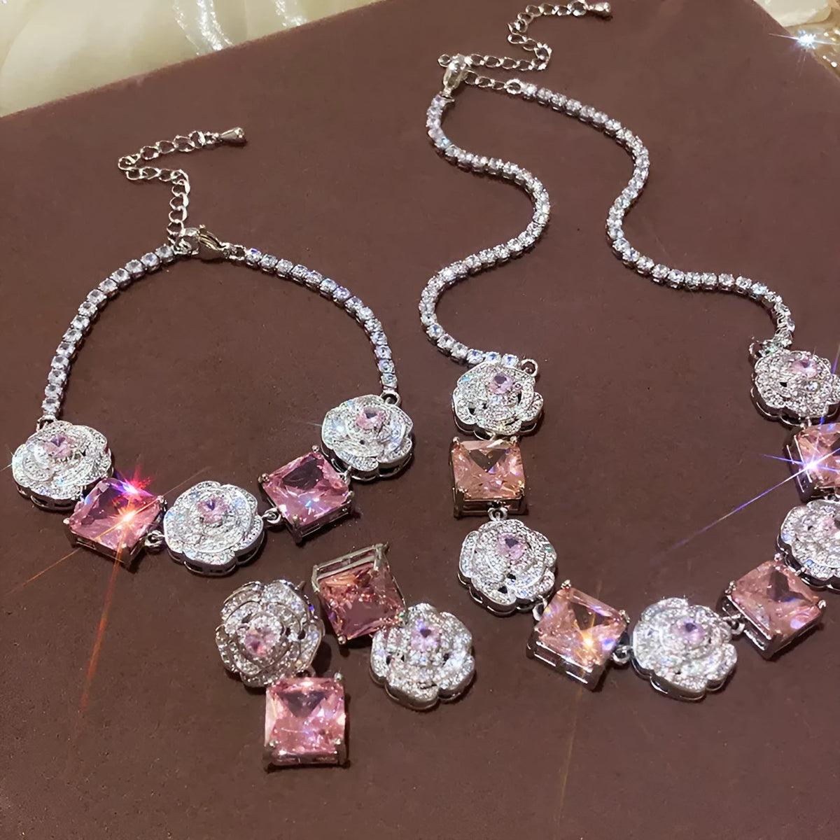 French flower square zircon necklace in silver pink with inlaid zircon pendant on 41-50cm clavicle chain.
