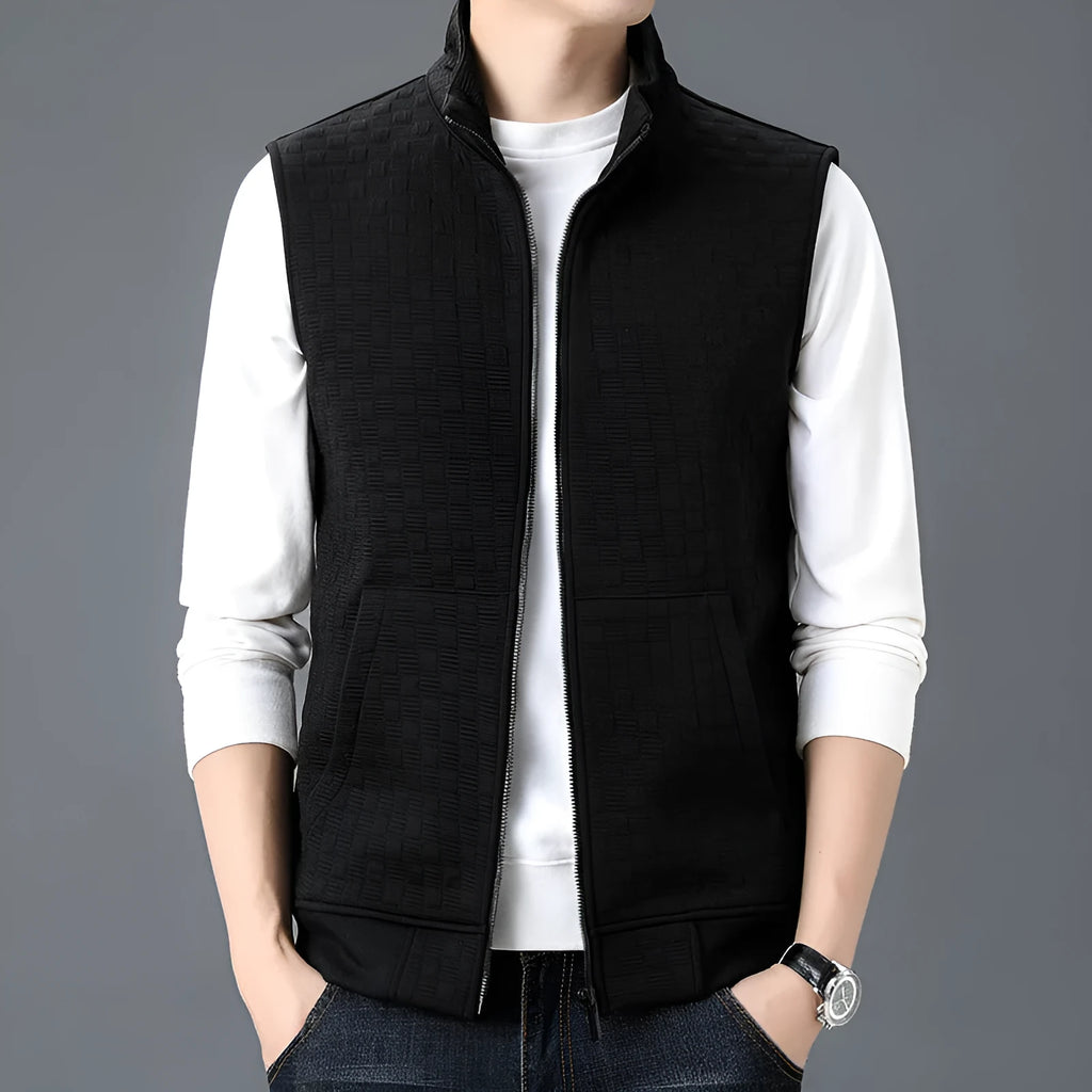 Men's chemical fibre blend sleeveless waistcoat vest in black colour showing cardigan style