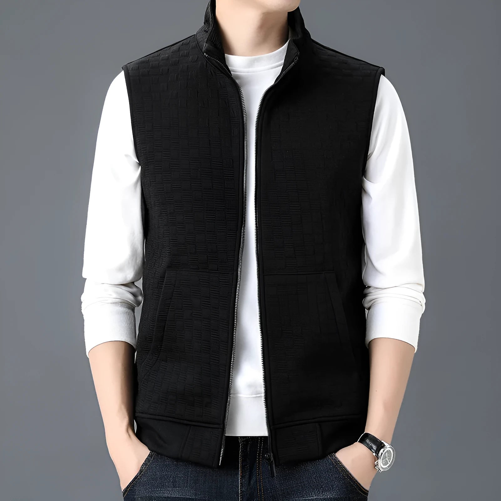 Men's chemical fibre blend sleeveless waistcoat vest in black colour showing cardigan style