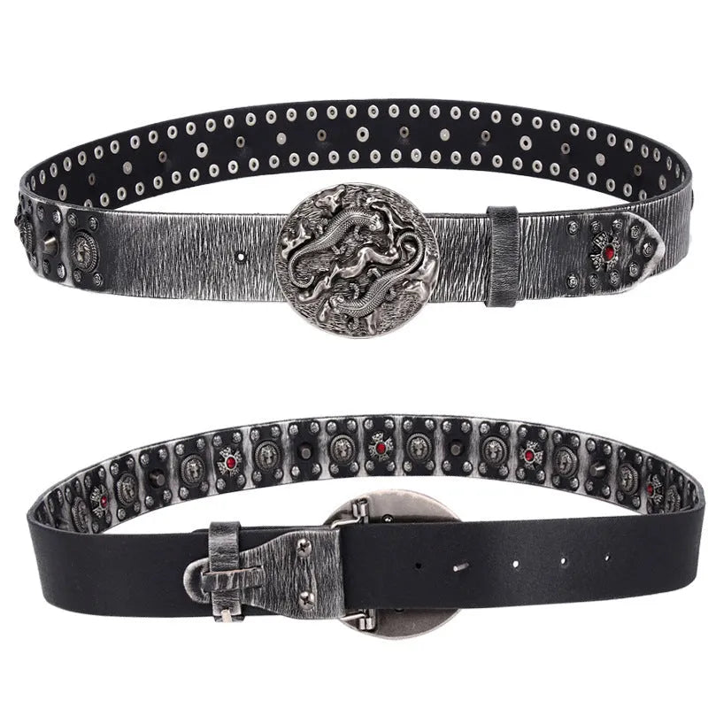 Men's black genuine leather belt with punk-style metal rivets and an alloy buckle.