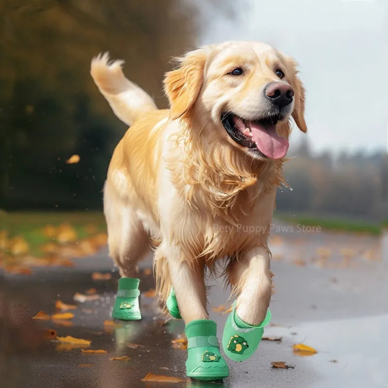 Waterproof anti-slip rubber pet rain boots in blue, green, pink, yellow, 4-pack, sizes L-5XL