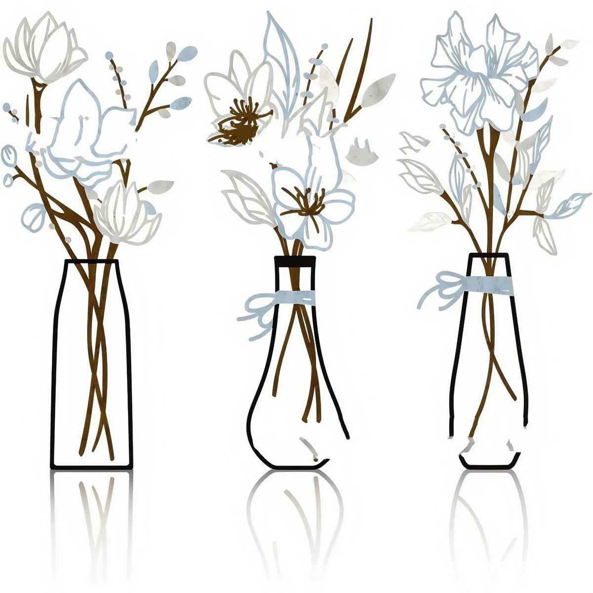 Three metal flowers wall art pieces with colour vase designs for country farmhouse bathroom decoration