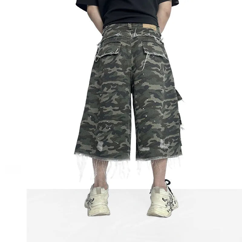 Camouflage casual shorts, cotton wide leg summer workwear burrs set, sizes S to 2XL