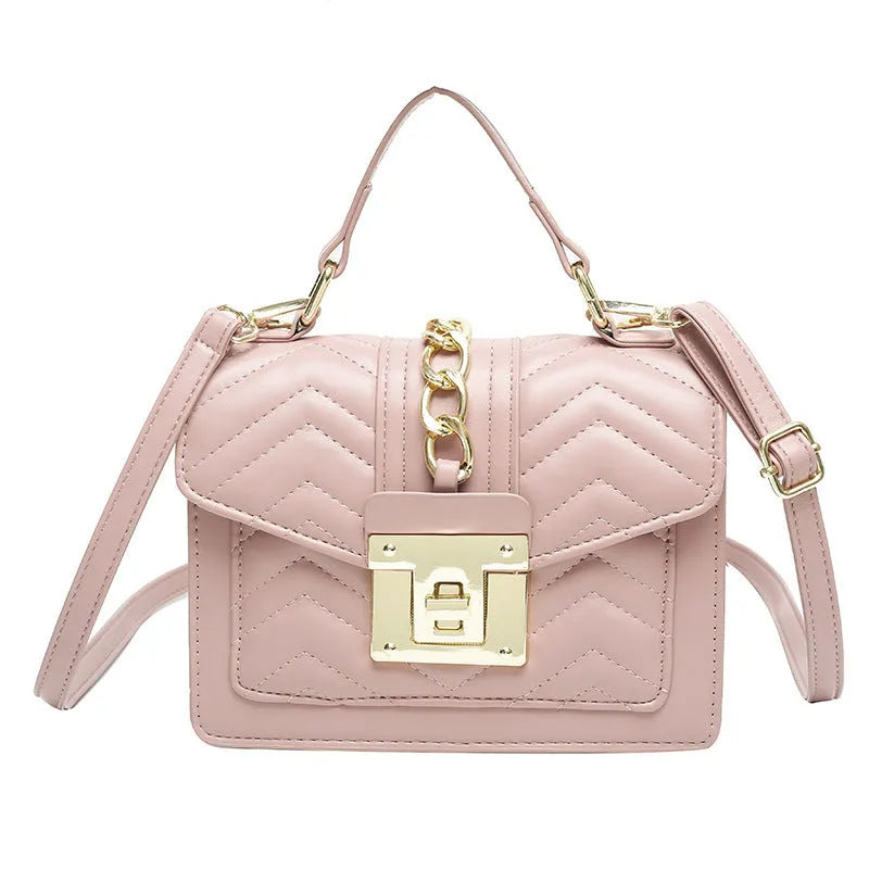 PU one shoulder small square bag in solid colour with plaid chain and adjustable strap