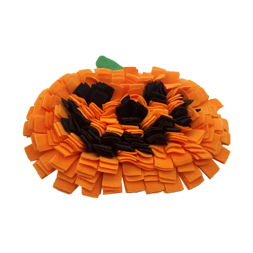 Orange pumpkin-shaped dog sniffing mat with soft fur texture for slow feeding training