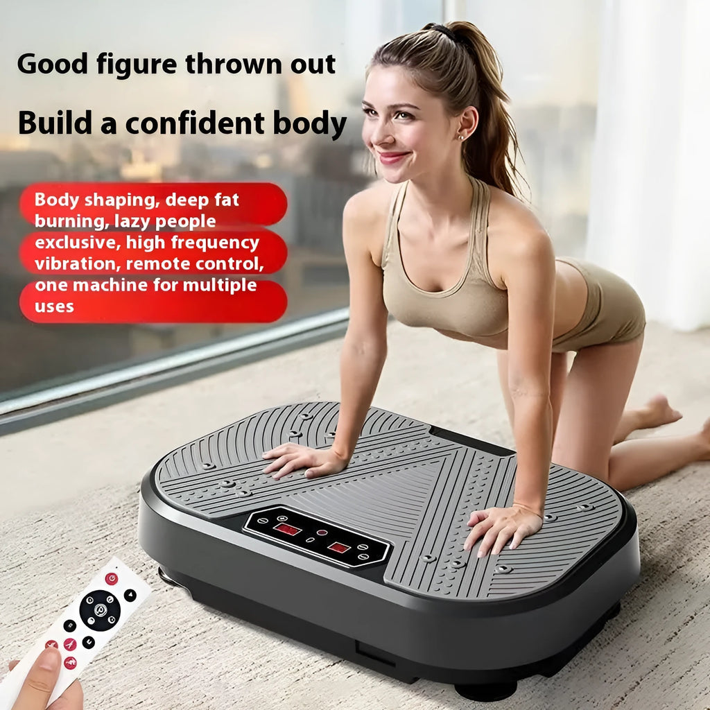 Whole body power board vibration machine in black and gray for home fitness body shaping with remote control