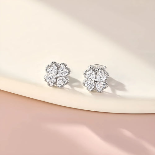 925 silver zircon earrings with heart and four-leaf clover design in white gold colour finish