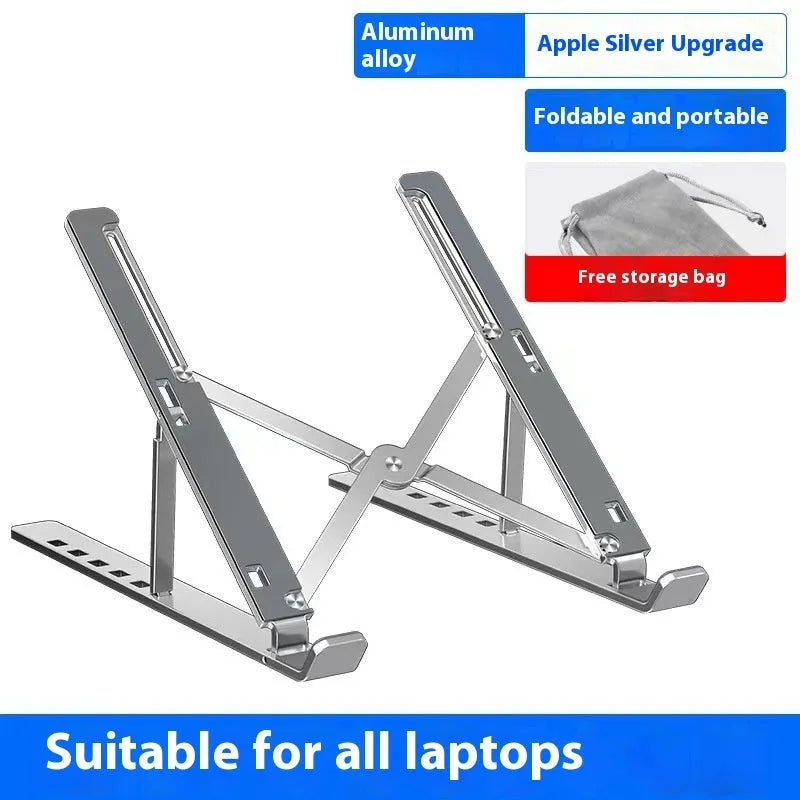 Silver aluminium alloy folding laptop stand holding a notebook, shown next to its cloth storage bag.