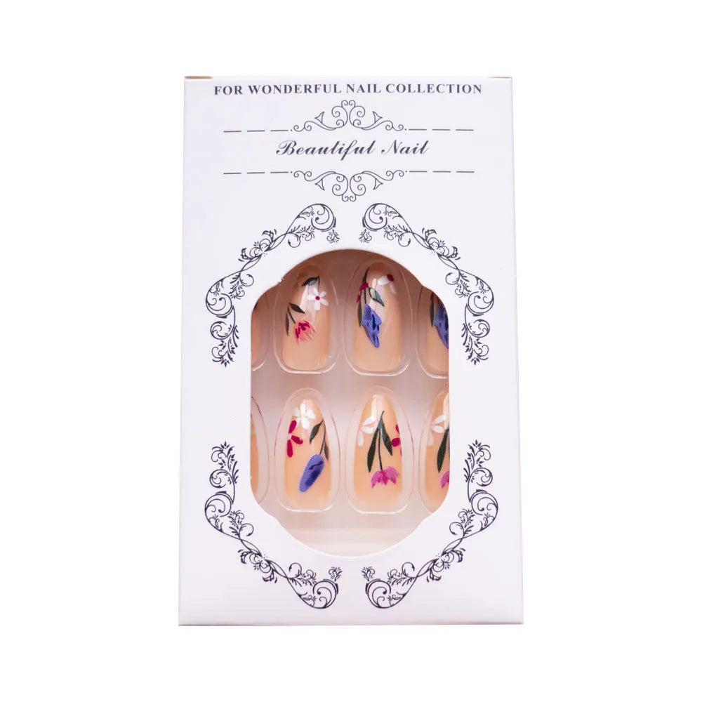 Almond-shaped removable nail wraps with European floral armour rose and tulip patterns