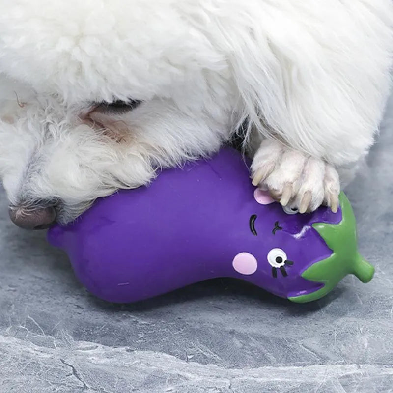 Latex vegetable dog chew toys with cartoon onion and eggplant designs