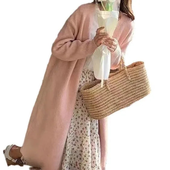 Women's 65cm knitted cardigan with V-neck and long sleeves in polyester fabric
