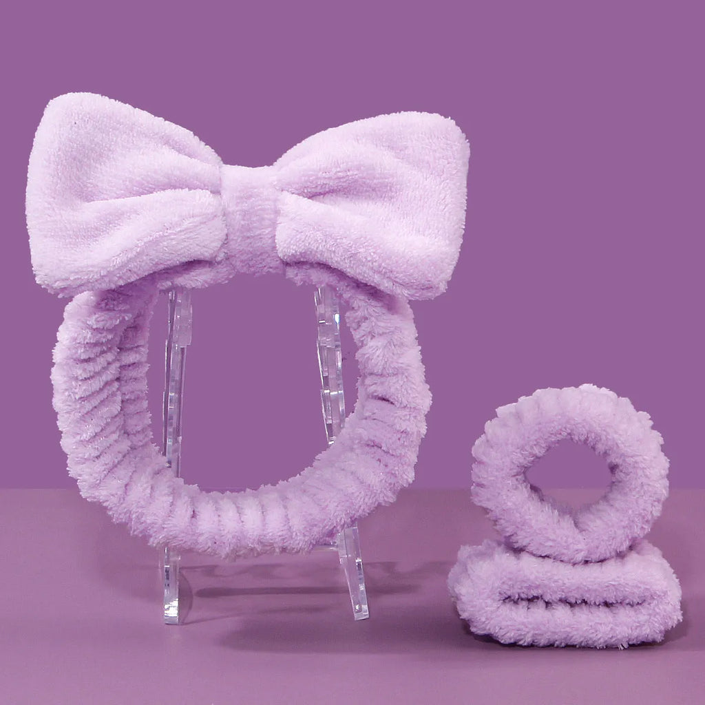 Facial brush three-piece set with nylon bristles, plastic handle, and coral fleece absorbent hair band