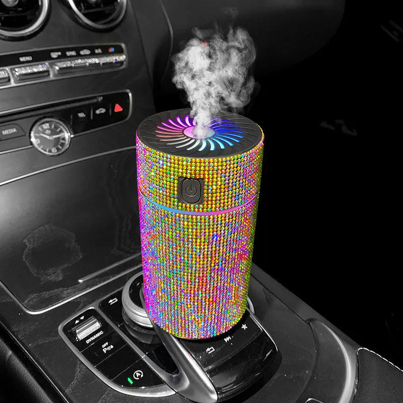 Compact white car USB air humidifier with Water Diamond technology measuring 14cm