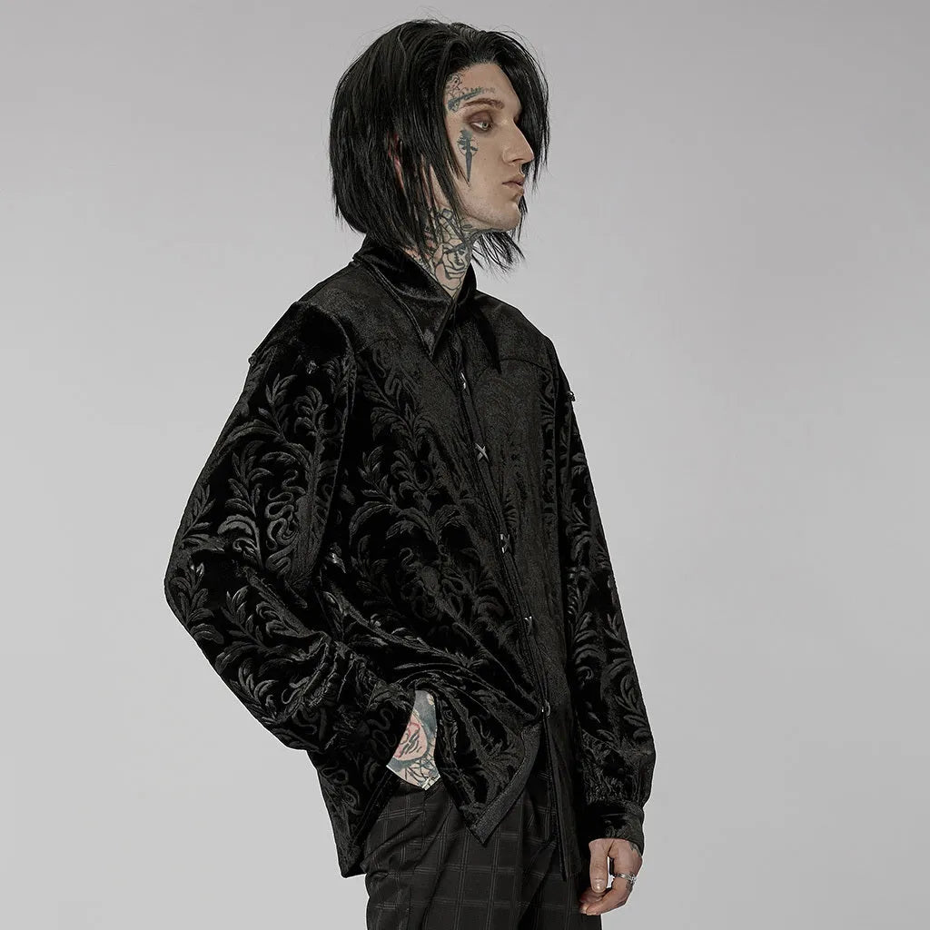 Black velvet men's shirt with pointed collar, long sleeves, and printed flocked Gothic preppy design detail.