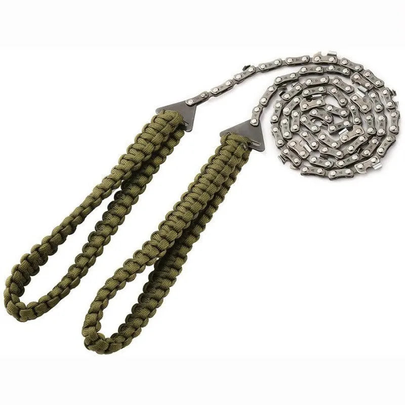 Army Green braided rope pocket saw fully extended to 103 cm length on outdoor ground surface