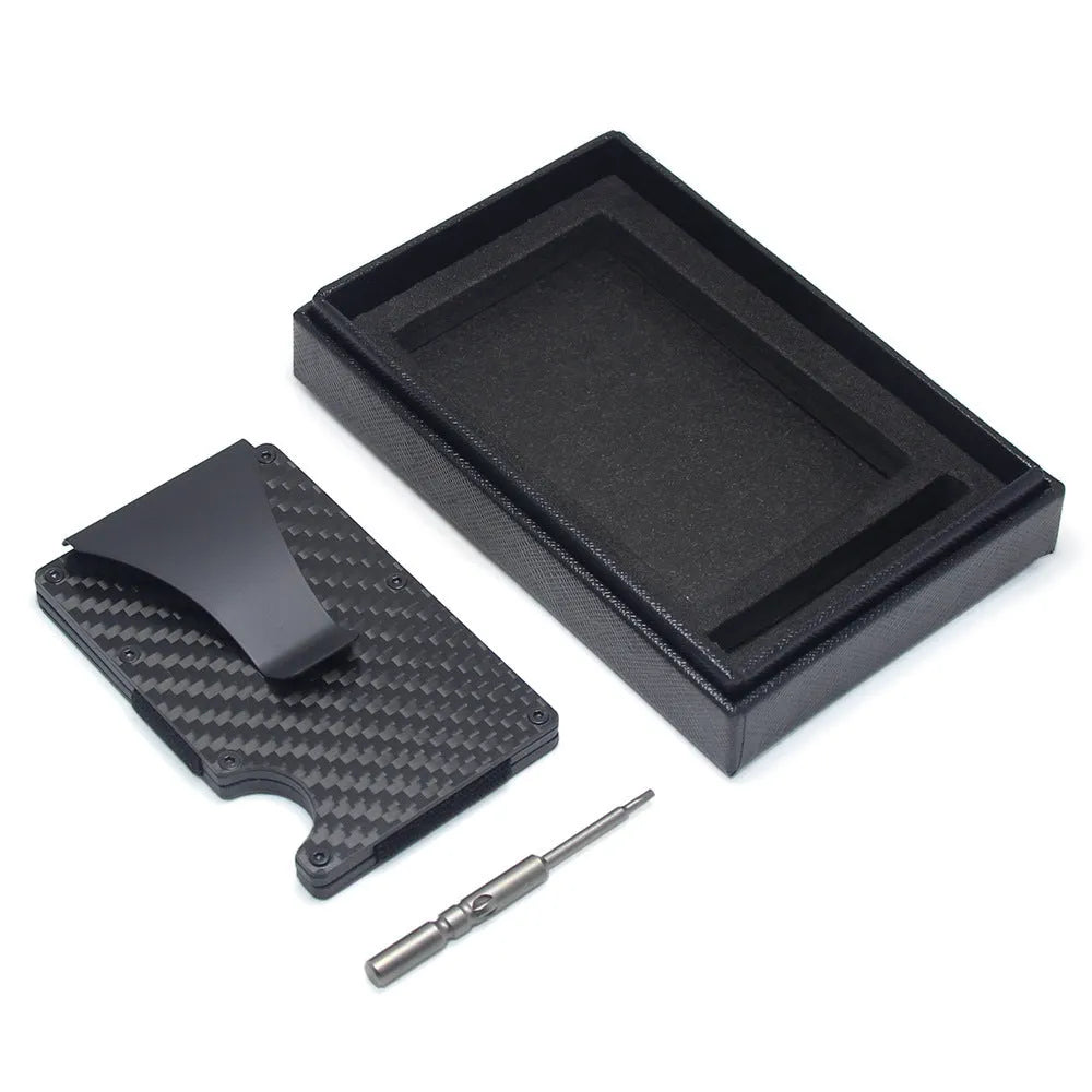 Geometric carbon fibre card holder showing 8mm thickness with capacity for multiple bank cards