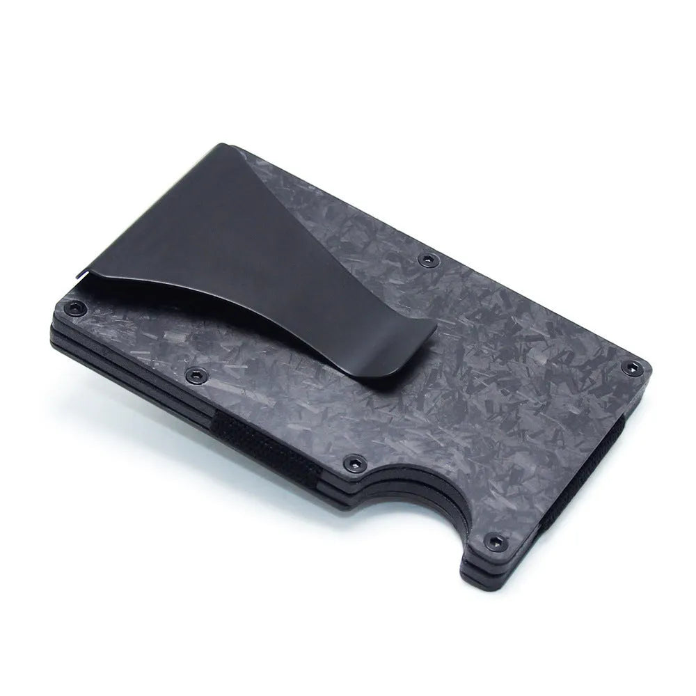 Geometric carbon fibre card holder showing 8mm thickness with capacity for multiple bank cards