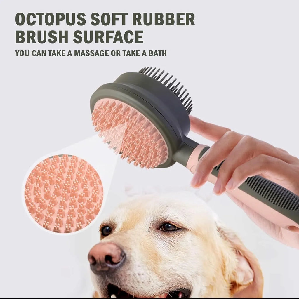 Pink and green double-sided cat brush with flea comb and release button for pet grooming.