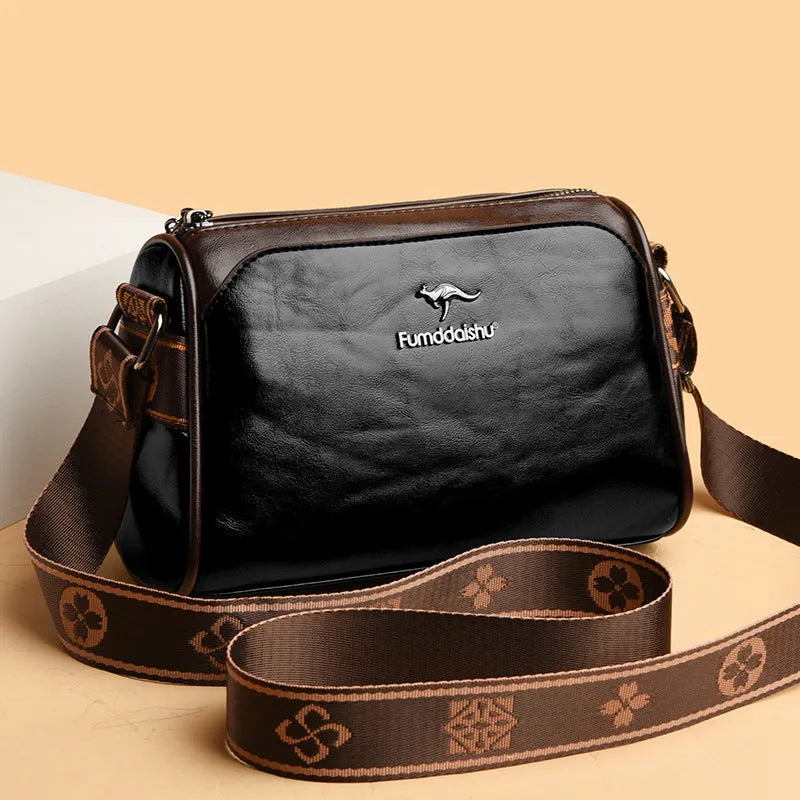 Women's oil wax leather crossbody bag in brown, double-sided design, soft PU material