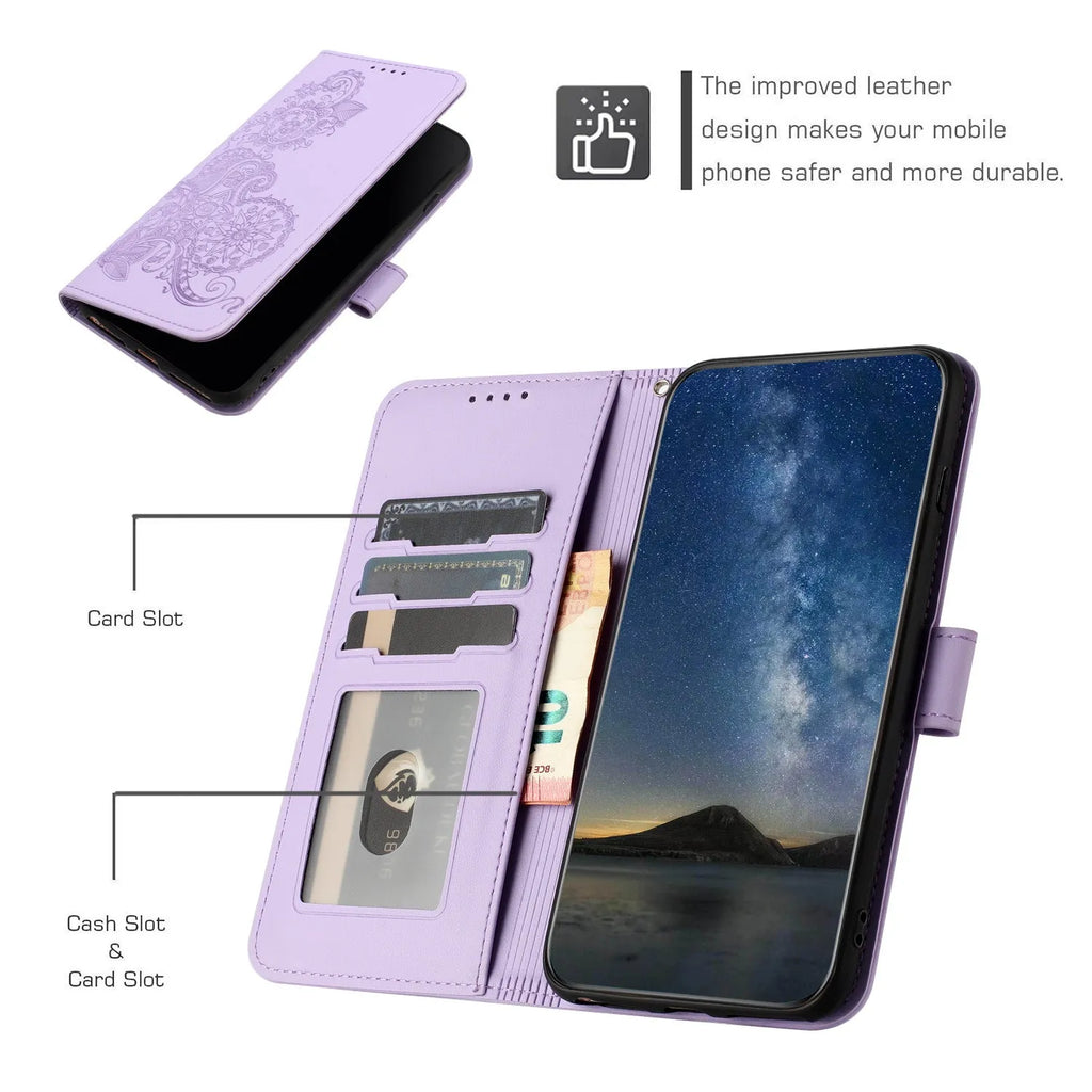 Embossed Datura flower flip leather Samsung phone case with card holder in royal blue