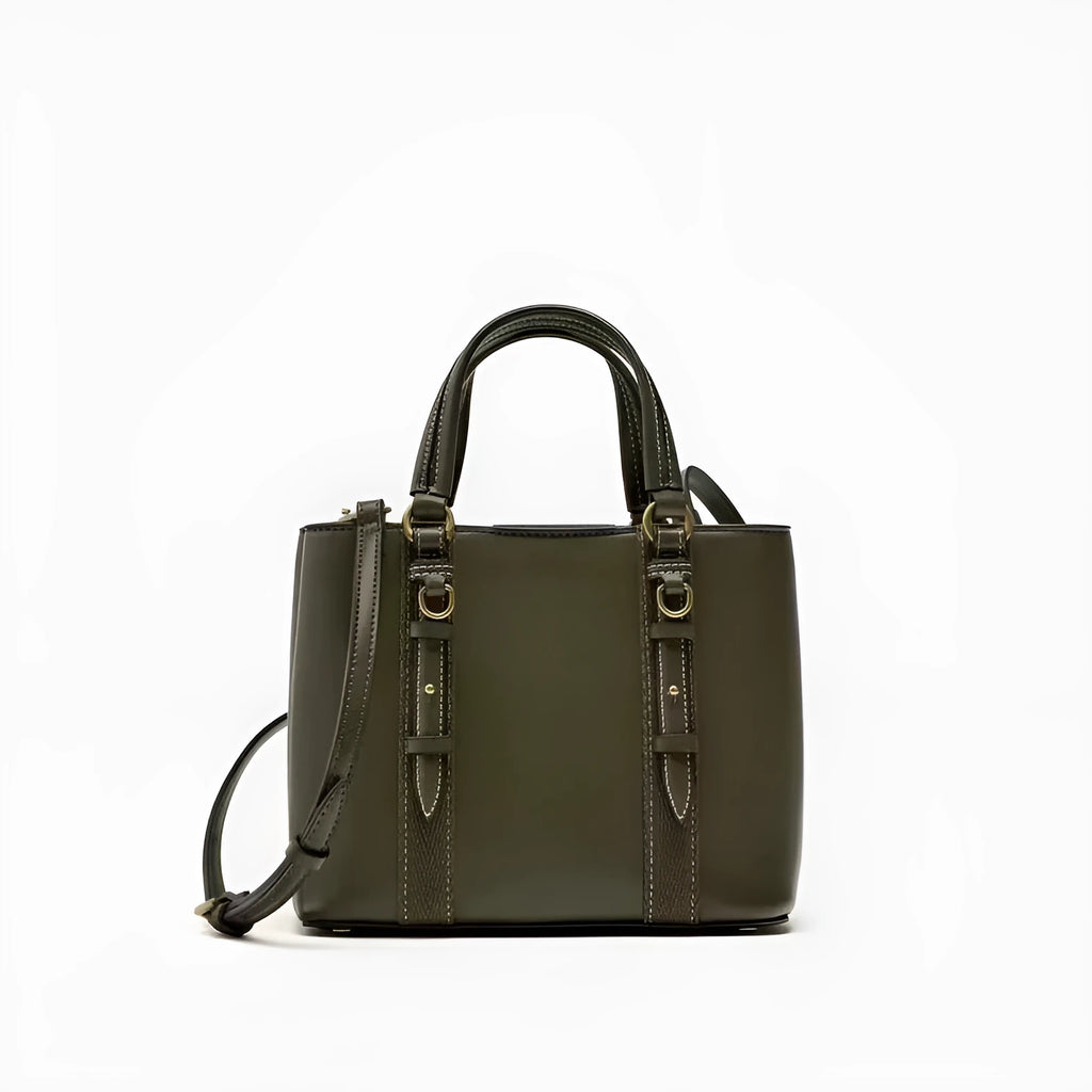 Women's olive green mini city portable messenger bag with single shoulder strap in horizontal square shape