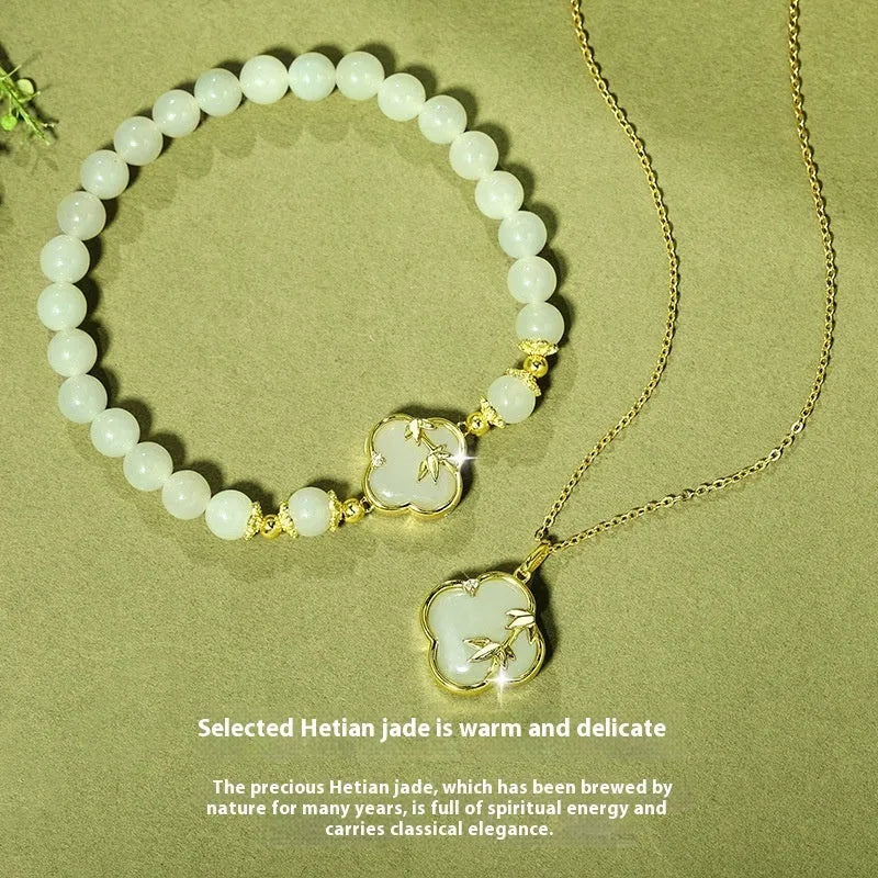 Hetian jade leaf bracelet, approximate 18cm, national style inlaid jade, random jade colour
