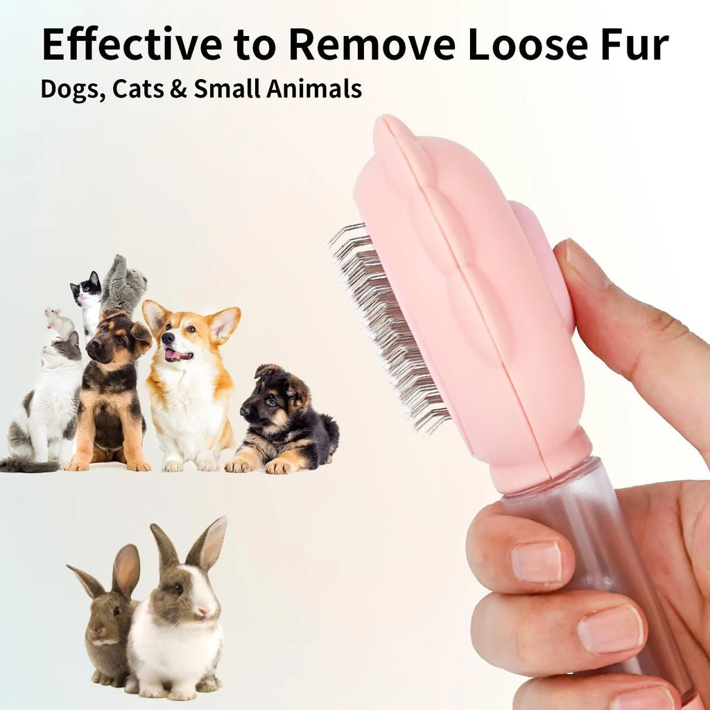 Grey spray cat brush with release button for pet grooming and shedding control