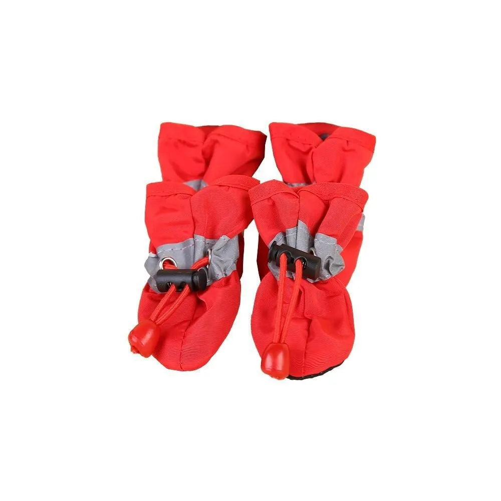 Pet dog shoes in multiple colours including rose red, black, blue monkey print, and fleece-lined options