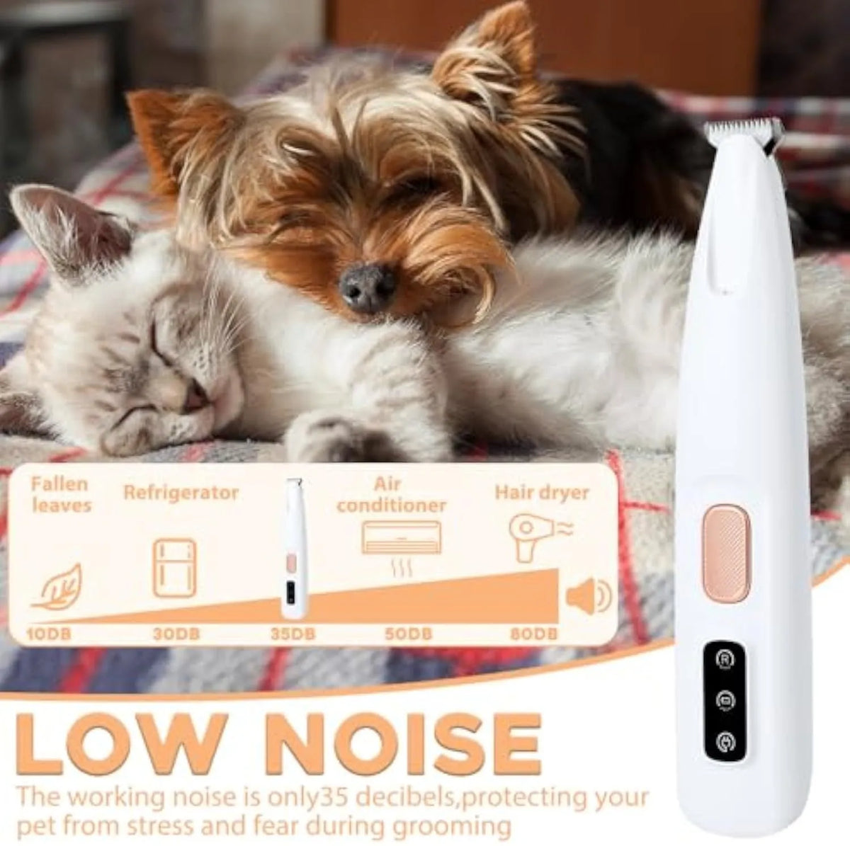 White electric dog paw trimmer with LED light and four attachment options on black background