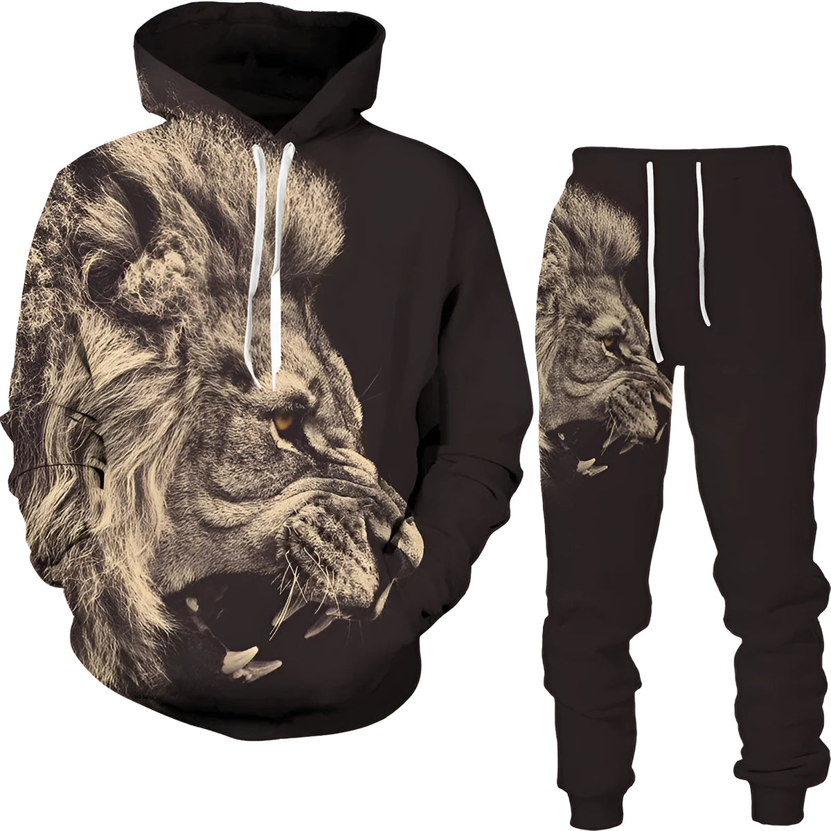 3D digital print lion sweatshirt and sweatpants set in photo colour on polyester fleece