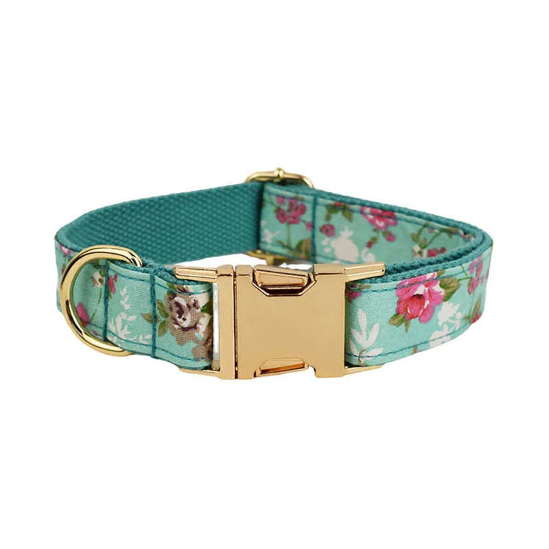Rose dog collar with green background and detachable cute bow, cloth pet set with leash and vest options