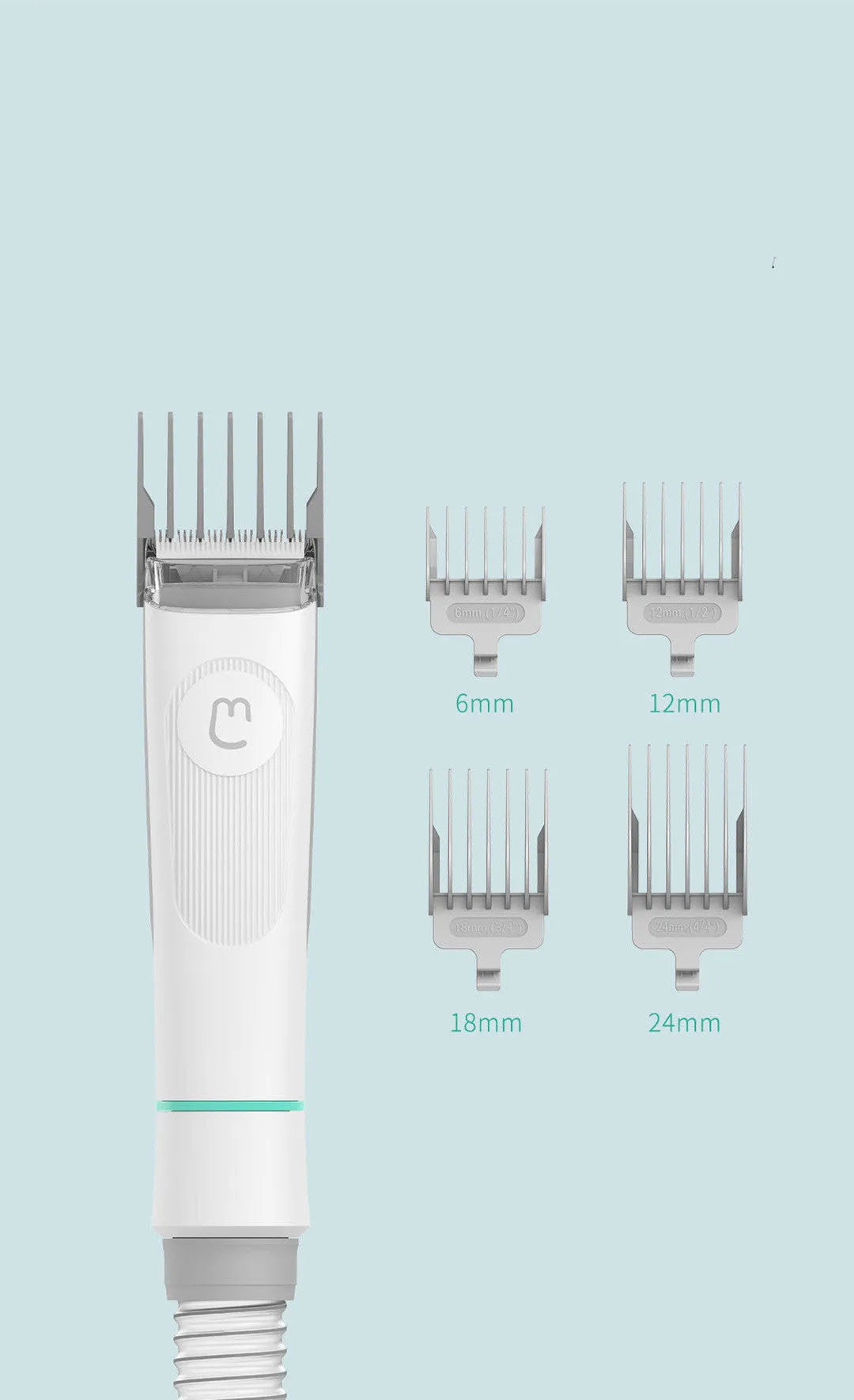 White pet grooming clippers set with electric scissors and five grooming attachments on table