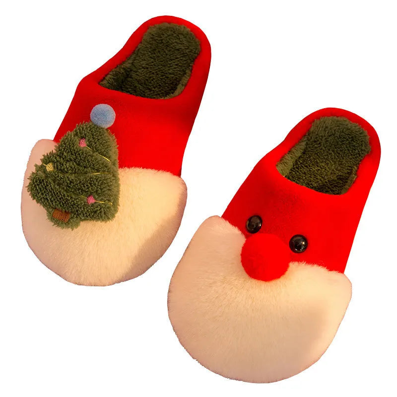 Christmas plush slippers for women with Santa Claus and Christmas tree design, warm non-slip house shoes in red, yellow, or blue.