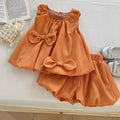 Girls' bowknot sleeveless top and bud-shaped pants two-piece suit in blue green, polyester fabric, summer outfit