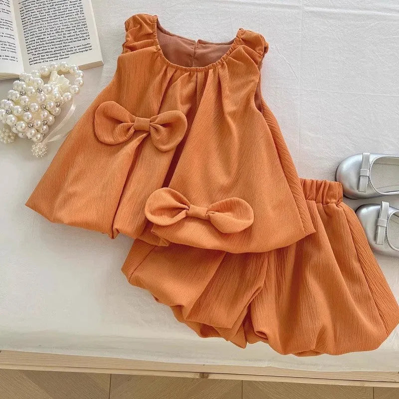 Girls' bowknot sleeveless top and bud-shaped pants two-piece suit in blue green, polyester fabric, summer outfit