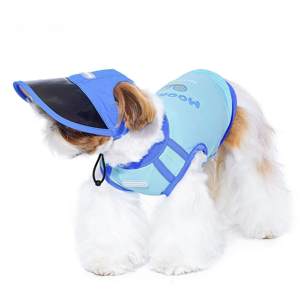 Blue 100% nylon dog hat for spring and autumn, shown in sizes S, M, and L