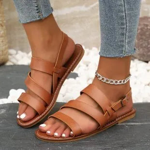 Fashion round toe European beach Roman women's sandals in creamy white with PU upper and rubber sole