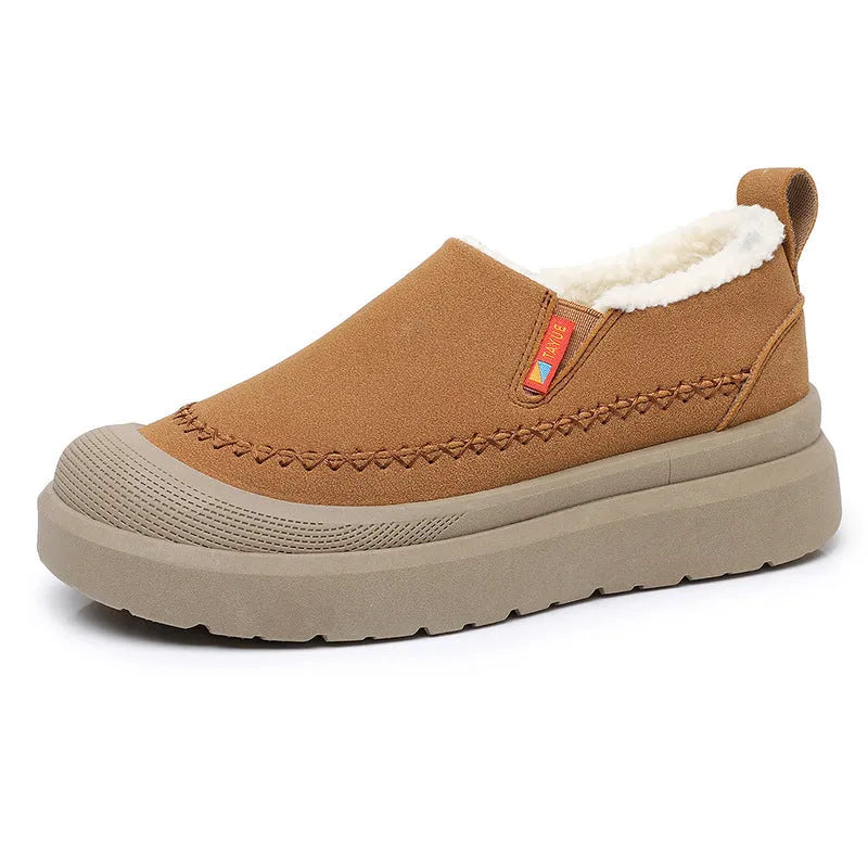 Fleece lined platform slip-on shoes in black, khaki, or brown with non-slip PVC sole, sizes 35-42
