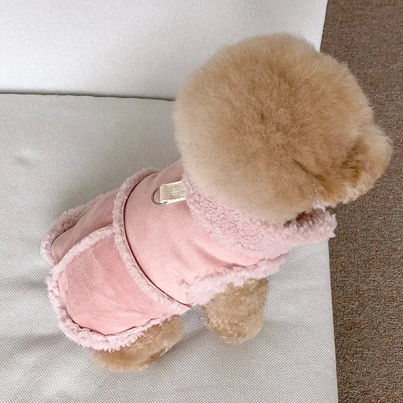 Pet traction warm vest for autumn and winter in brown, pink, and white, with back lengths from 20cm to 40cm for small to medium dogs